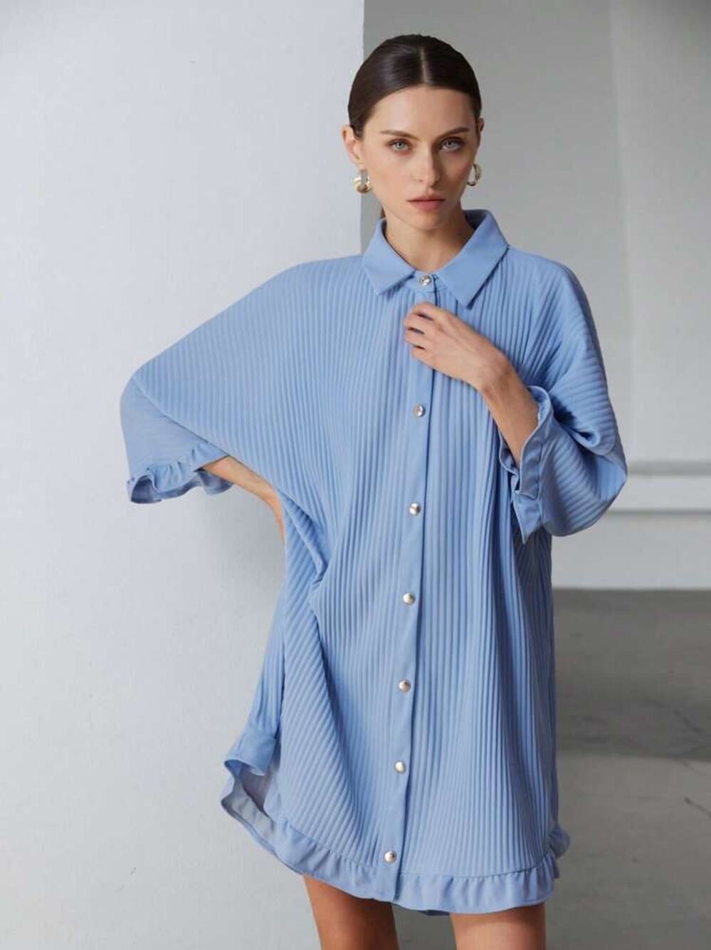 Shein Aveloria Modichic Batwing Sleeve Ruffle Hem Shirt Dress Size Medium